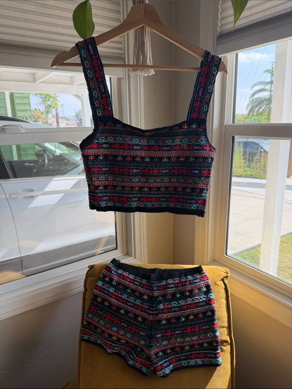 Zara Black Multicolor Patterned Knit Crop Top and Shorts Set